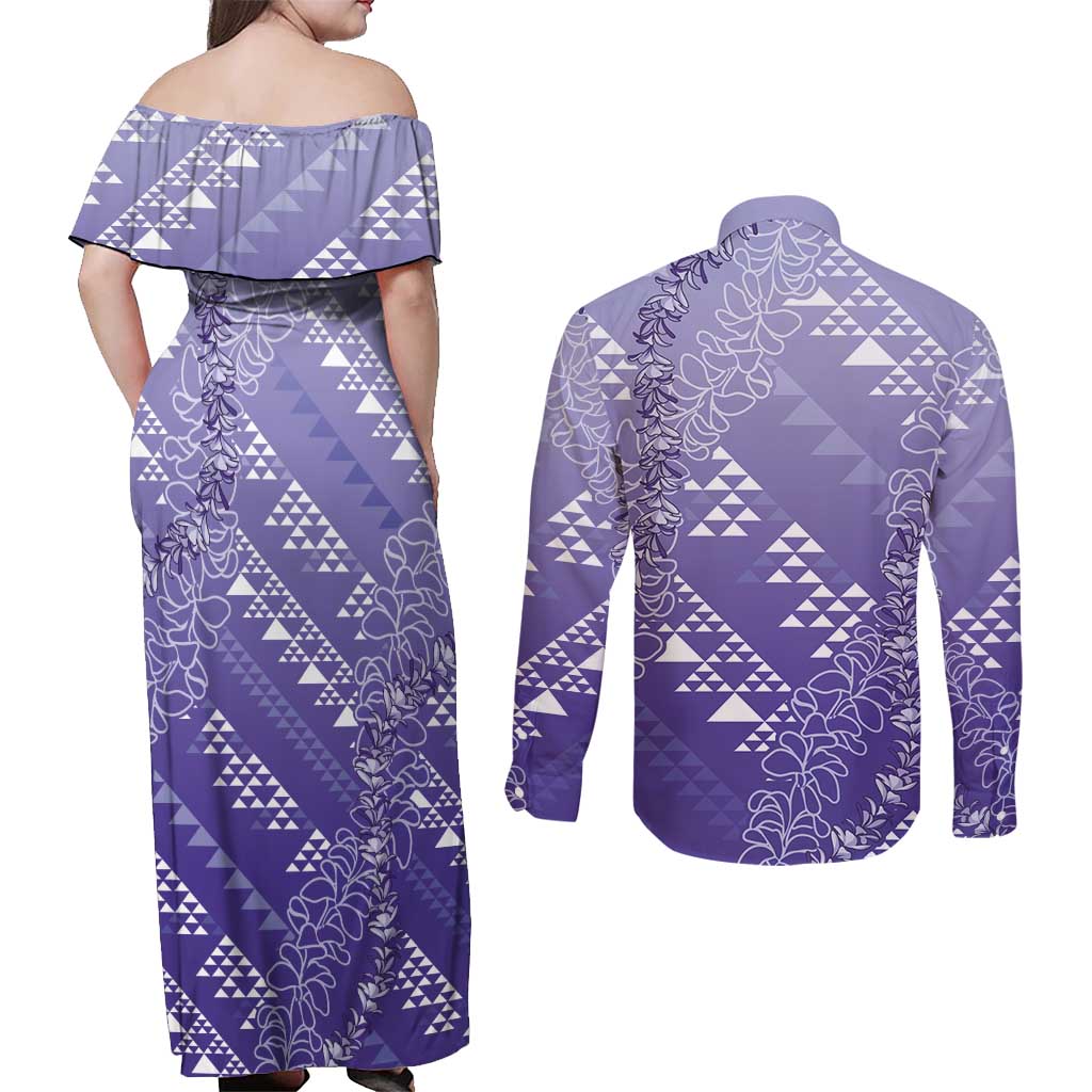Hawaii Lavender Kapa Couples Matching Off Shoulder Maxi Dress and Long Sleeve Button Shirt Vintage 'Ohe Kāpala Motifs Mix Plumeria Leis LT7 - Polynesian Pride