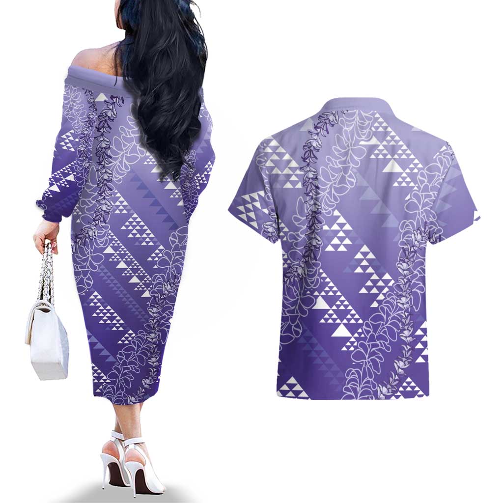 Hawaii Lavender Kapa Couples Matching Off The Shoulder Long Sleeve Dress and Hawaiian Shirt Vintage 'Ohe Kāpala Motifs Mix Plumeria Leis LT7 - Polynesian Pride