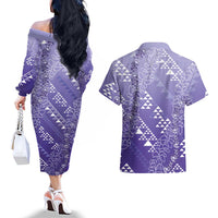 Hawaii Lavender Kapa Couples Matching Off The Shoulder Long Sleeve Dress and Hawaiian Shirt Vintage 'Ohe Kāpala Motifs Mix Plumeria Leis LT7 - Polynesian Pride
