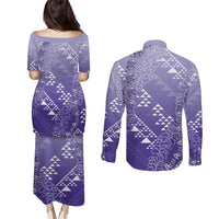Hawaii Lavender Kapa Couples Matching Puletasi and Long Sleeve Button Shirt Vintage 'Ohe Kāpala Motifs Mix Plumeria Leis