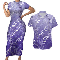 Hawaii Lavender Kapa Couples Matching Short Sleeve Bodycon Dress and Hawaiian Shirt Vintage 'Ohe Kāpala Motifs Mix Plumeria Leis LT7 Lavender - Polynesian Pride