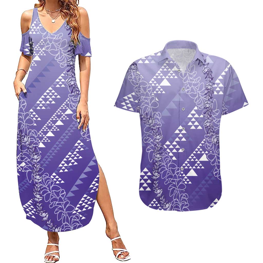 Hawaii Lavender Kapa Couples Matching Summer Maxi Dress and Hawaiian Shirt Vintage 'Ohe Kāpala Motifs Mix Plumeria Leis LT7 Lavender - Polynesian Pride
