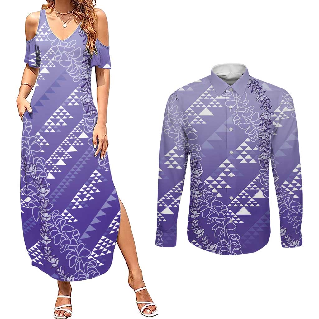 Hawaii Lavender Kapa Couples Matching Summer Maxi Dress and Long Sleeve Button Shirt Vintage 'Ohe Kāpala Motifs Mix Plumeria Leis LT7 Lavender - Polynesian Pride