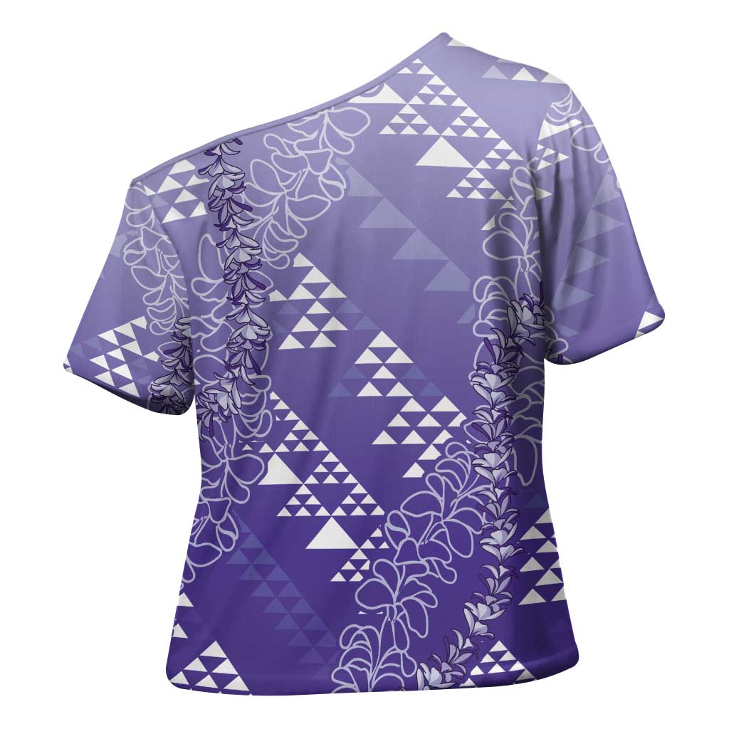 Hawaii Lavender Kapa Cross Shoulder Shirt Vintage 'Ohe Kāpala Motifs Mix Plumeria Leis