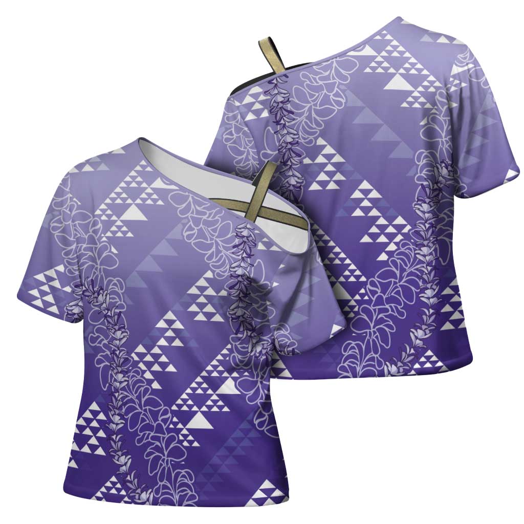 Hawaii Lavender Kapa Cross Shoulder Shirt Vintage 'Ohe Kāpala Motifs Mix Plumeria Leis