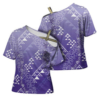 Hawaii Lavender Kapa Cross Shoulder Shirt Vintage 'Ohe Kāpala Motifs Mix Plumeria Leis