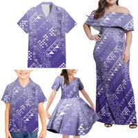 Hawaii Lavender Kapa Family Matching Off Shoulder Maxi Dress and Hawaiian Shirt Vintage 'Ohe Kāpala Motifs Mix Plumeria Leis LT7 - Polynesian Pride