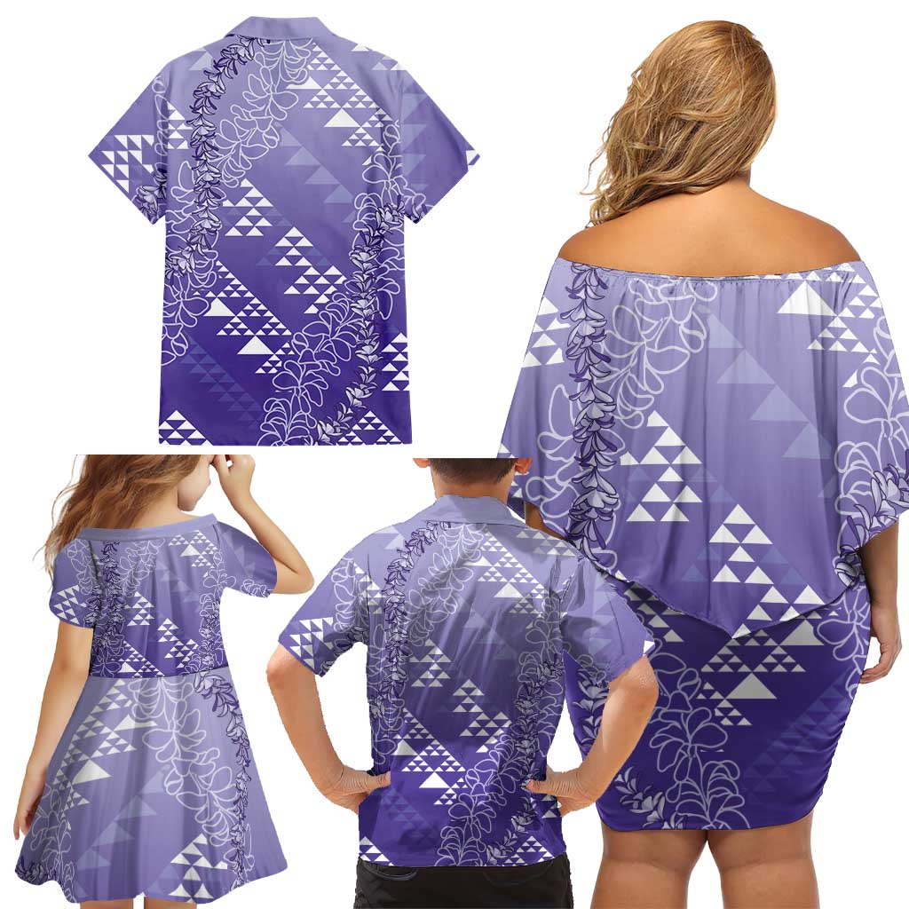 Hawaii Lavender Kapa Family Matching Off Shoulder Short Dress and Hawaiian Shirt Vintage 'Ohe Kāpala Motifs Mix Plumeria Leis LT7 - Polynesian Pride