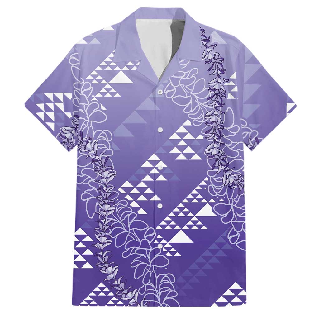 Hawaii Lavender Kapa Family Matching Off Shoulder Short Dress and Hawaiian Shirt Vintage 'Ohe Kāpala Motifs Mix Plumeria Leis LT7 Dad's Shirt - Short Sleeve Lavender - Polynesian Pride