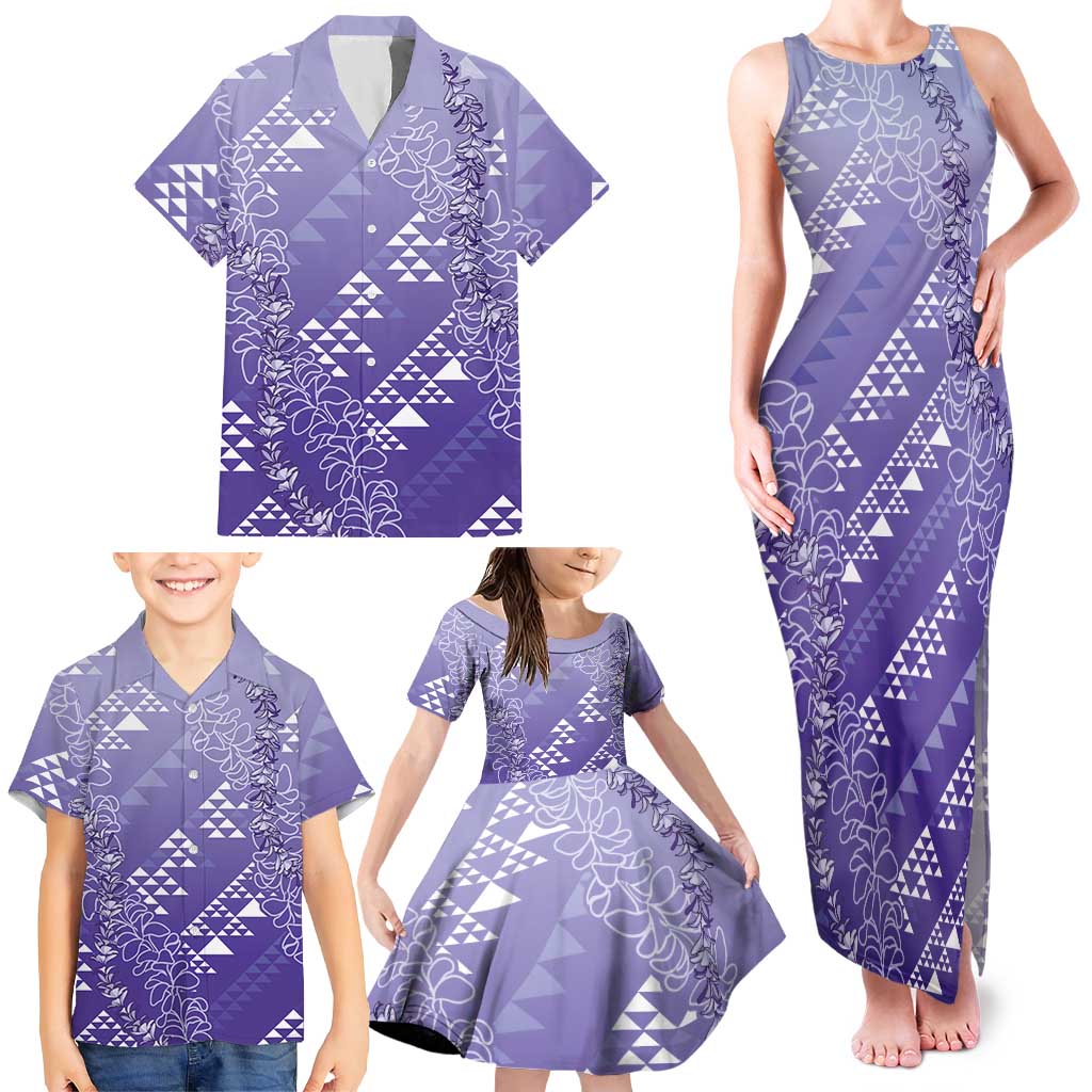 Hawaii Lavender Kapa Family Matching Tank Maxi Dress and Hawaiian Shirt Vintage 'Ohe Kāpala Motifs Mix Plumeria Leis LT7 - Polynesian Pride