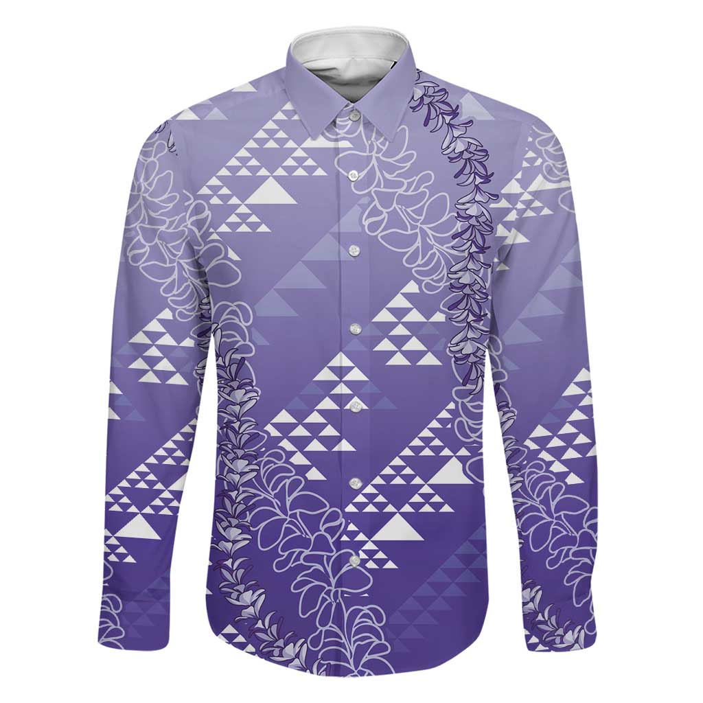 Hawaii Lavender Kapa Family Matching Tank Maxi Dress and Hawaiian Shirt Vintage 'Ohe Kāpala Motifs Mix Plumeria Leis LT7 Dad's Shirt - Long Sleeve Lavender - Polynesian Pride