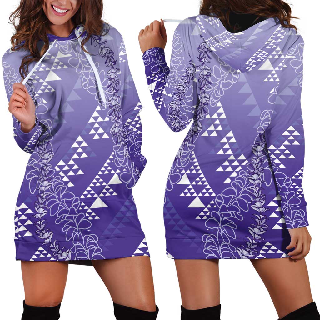 Hawaii Lavender Kapa Hoodie Dress Vintage 'Ohe Kāpala Motifs Mix Plumeria Leis LT7 - Polynesian Pride