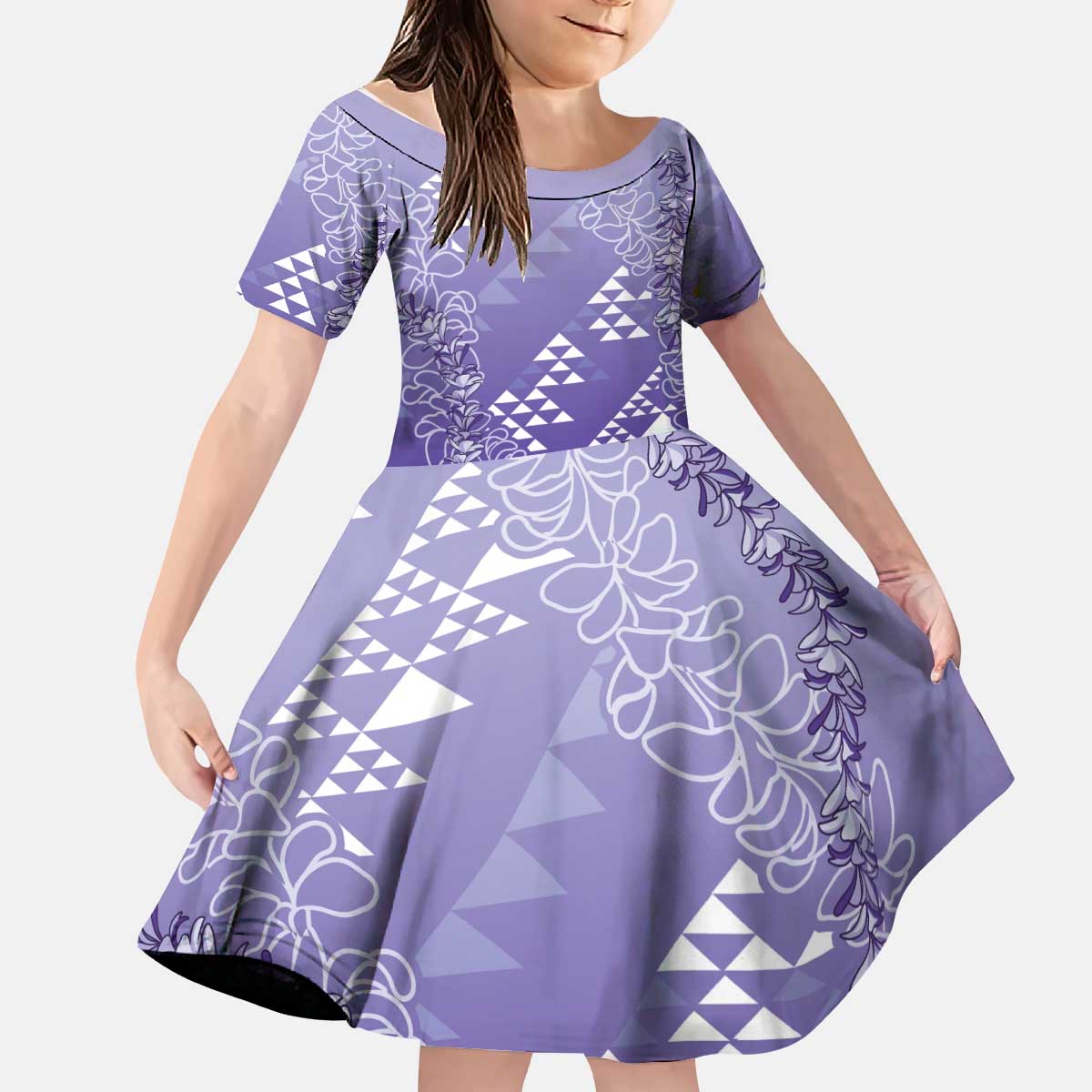 Hawaii Lavender Kapa Kid Short Sleeve Dress Vintage 'Ohe Kāpala Motifs Mix Plumeria Leis