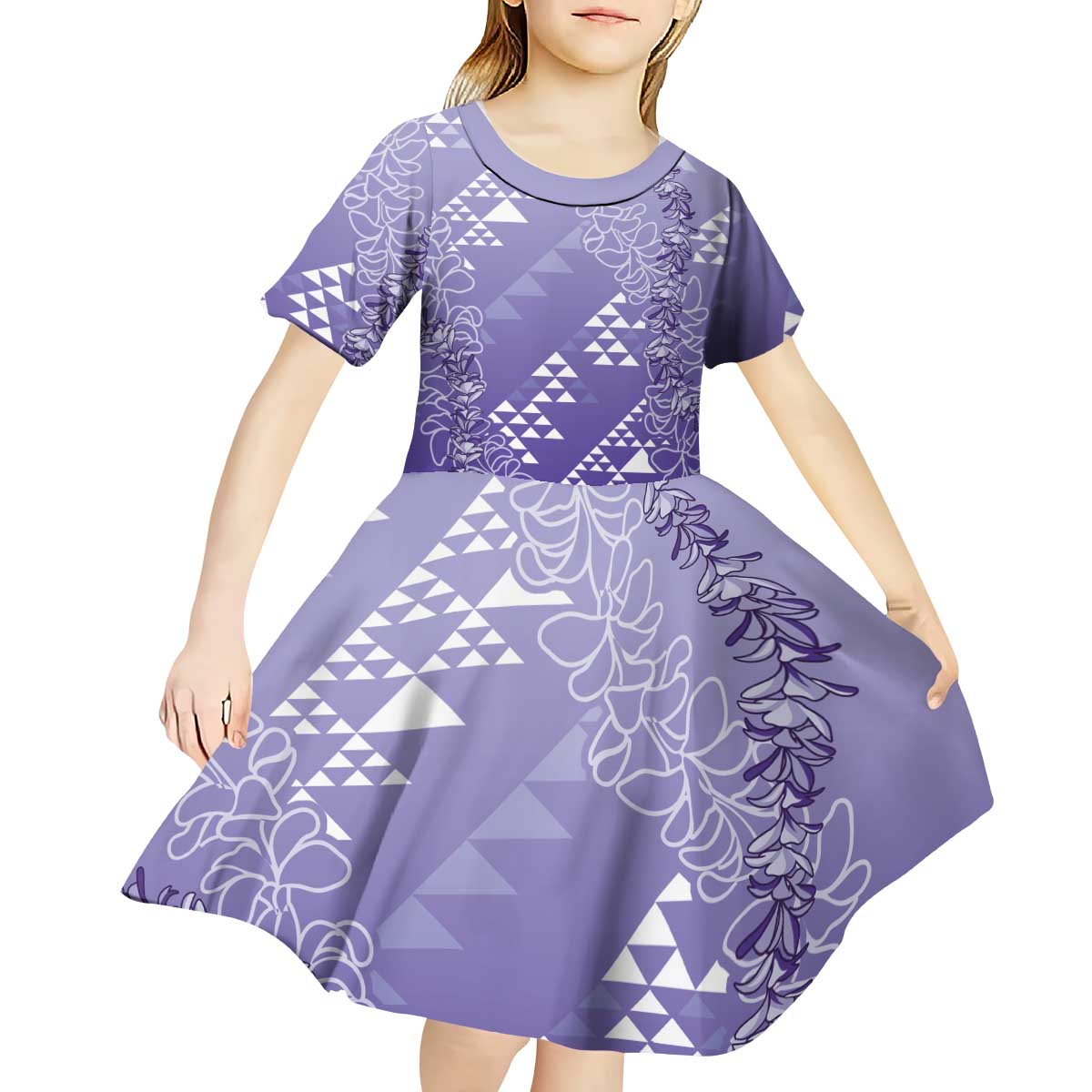 Hawaii Lavender Kapa Kid Short Sleeve Dress Vintage 'Ohe Kāpala Motifs Mix Plumeria Leis