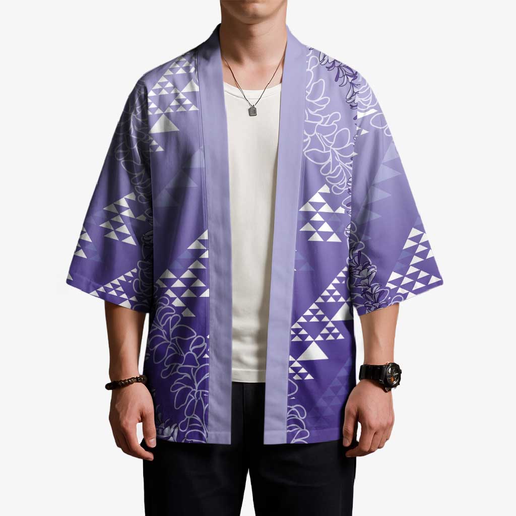 Hawaii Lavender Kapa Kimono Vintage 'Ohe Kāpala Motifs Mix Plumeria Leis