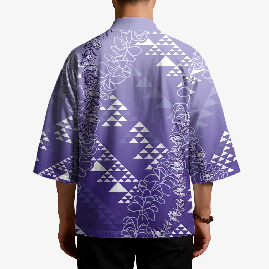 Hawaii Lavender Kapa Kimono Vintage 'Ohe Kāpala Motifs Mix Plumeria Leis