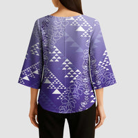 Hawaii Lavender Kapa Kimono Sleeve Blouse Vintage 'Ohe Kāpala Motifs Mix Plumeria Leis