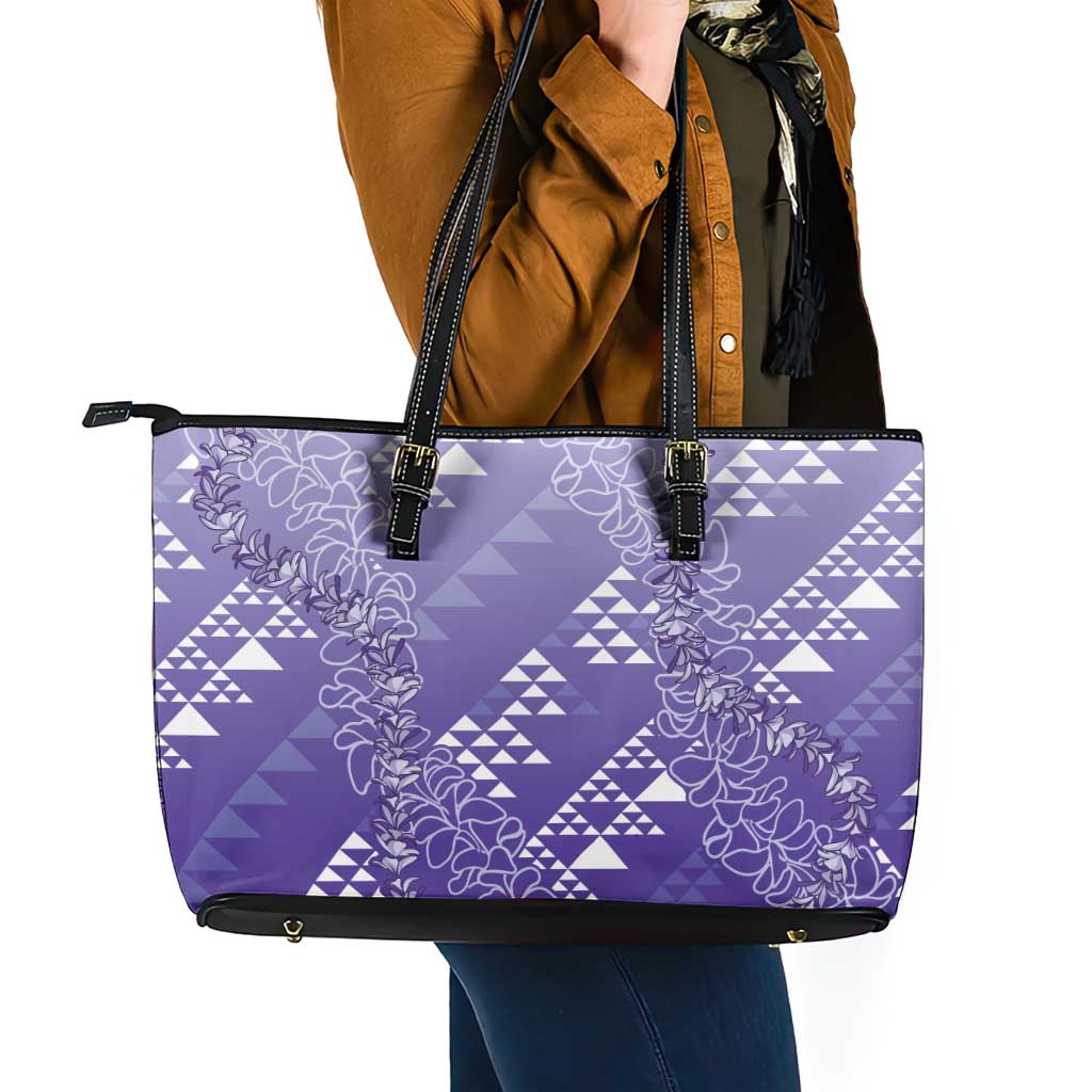 Hawaii Lavender Kapa Leather Tote Bag Vintage 'Ohe Kāpala Motifs Mix Plumeria Leis