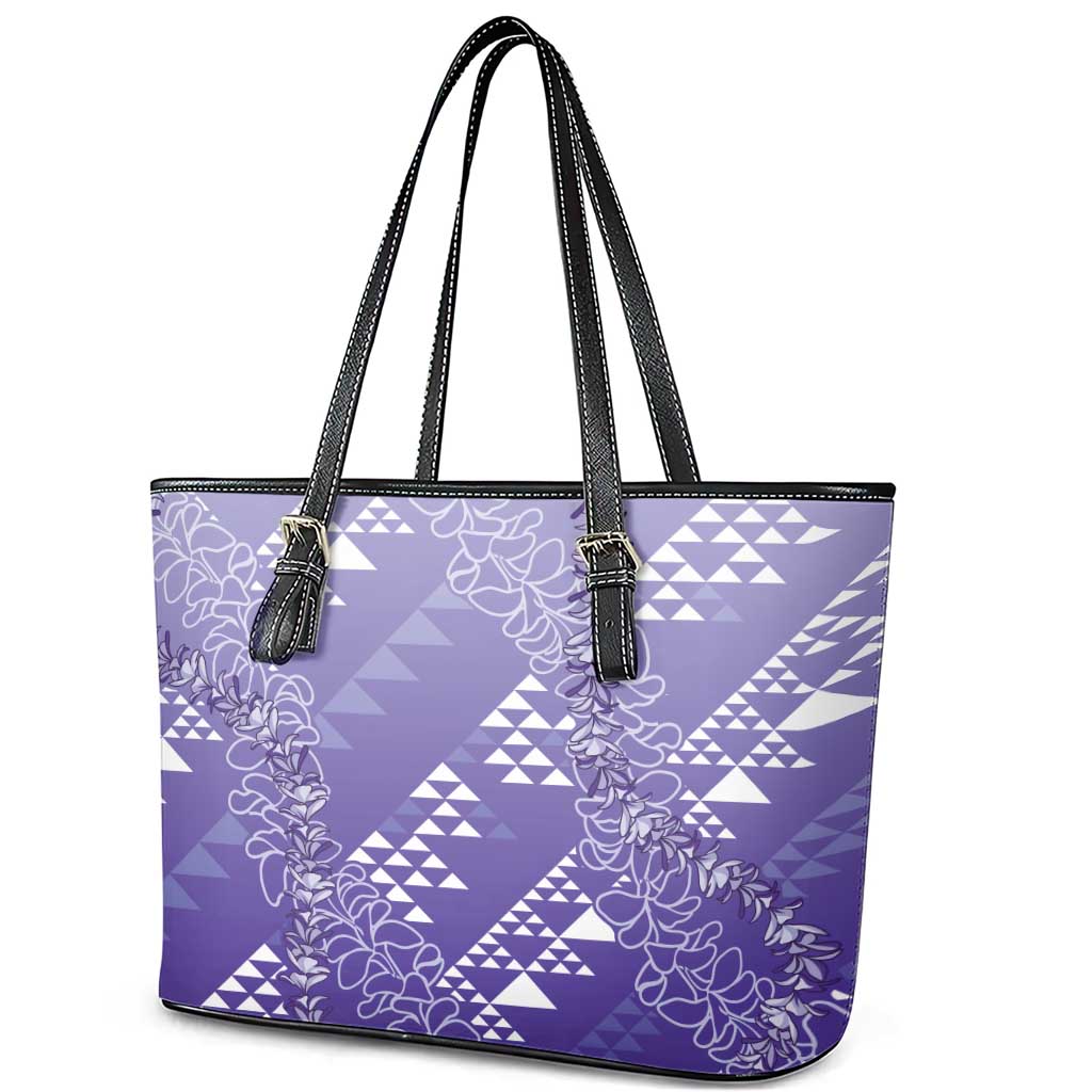 Hawaii Lavender Kapa Leather Tote Bag Vintage 'Ohe Kāpala Motifs Mix Plumeria Leis