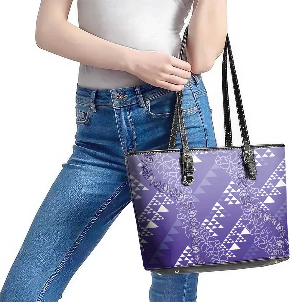 Hawaii Lavender Kapa Leather Tote Bag Vintage 'Ohe Kāpala Motifs Mix Plumeria Leis