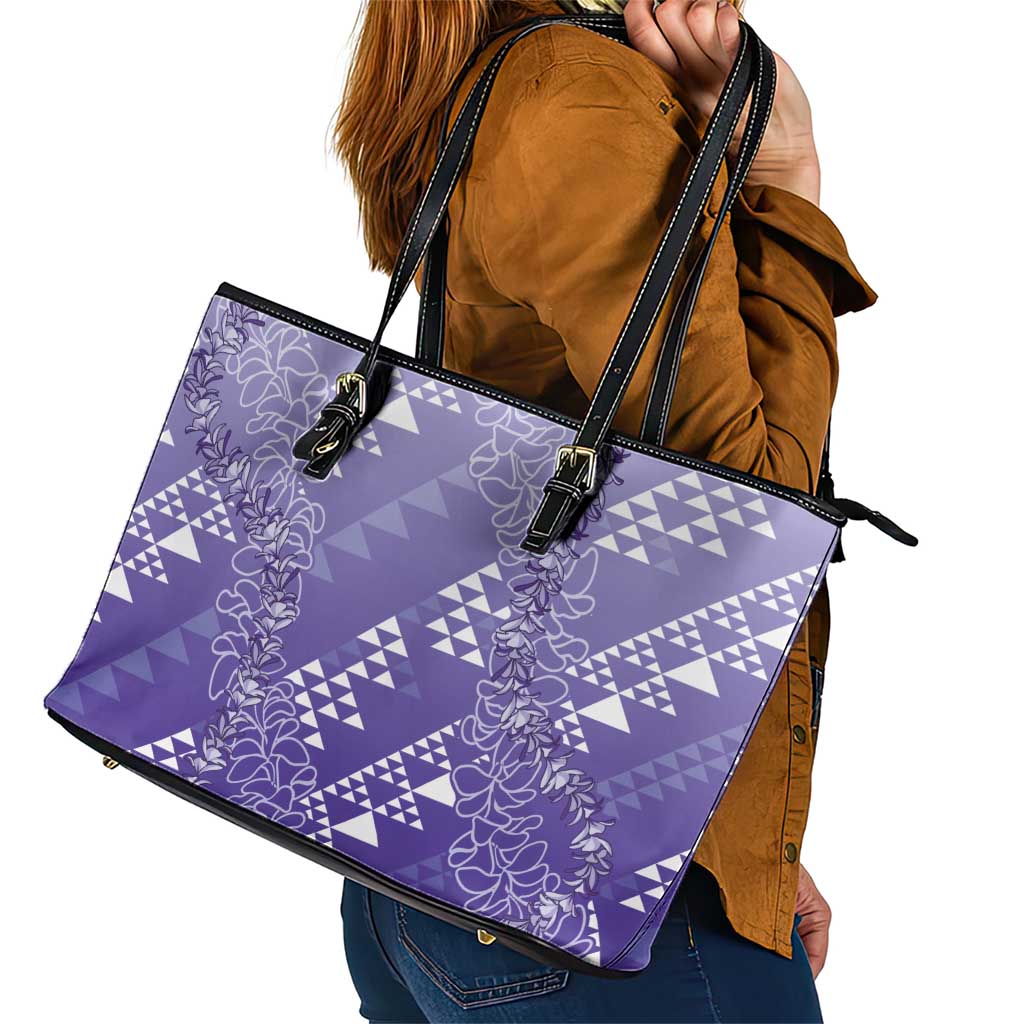 Hawaii Lavender Kapa Leather Tote Bag Vintage 'Ohe Kāpala Motifs Mix Plumeria Leis