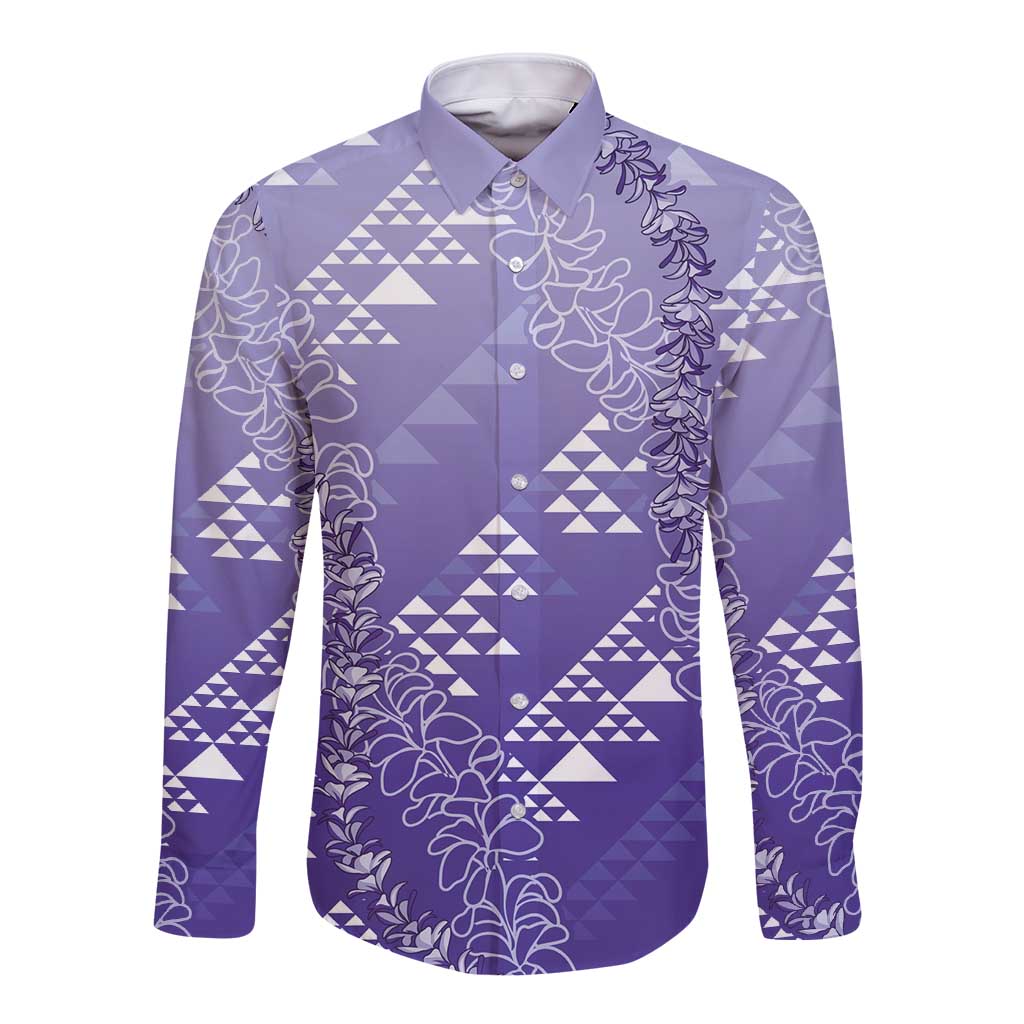 Hawaii Lavender Kapa Long Sleeve Button Shirt Vintage 'Ohe Kāpala Motifs Mix Plumeria Leis