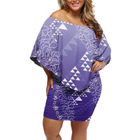 Hawaii Lavender Kapa Off Shoulder Short Dress Vintage 'Ohe Kāpala Motifs Mix Plumeria Leis