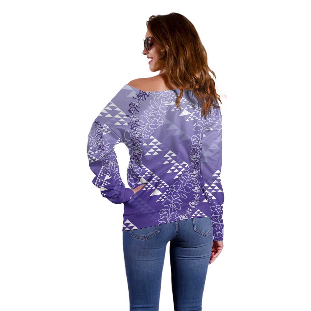 Hawaii Lavender Kapa Off Shoulder Sweater Vintage 'Ohe Kāpala Motifs Mix Plumeria Leis
