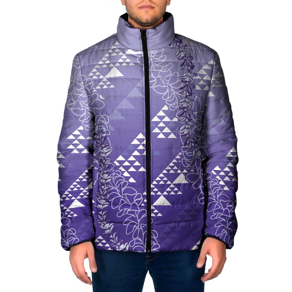 Hawaii Lavender Kapa Padded Jacket Vintage 'Ohe Kāpala Motifs Mix Plumeria Leis
