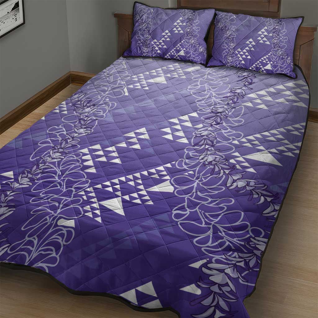 Hawaii Lavender Kapa Quilt Bed Set Vintage 'Ohe Kāpala Motifs Mix Plumeria Leis