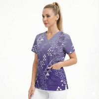Hawaii Lavender Kapa Scrub Top Vintage 'Ohe Kāpala Motifs Mix Plumeria Leis