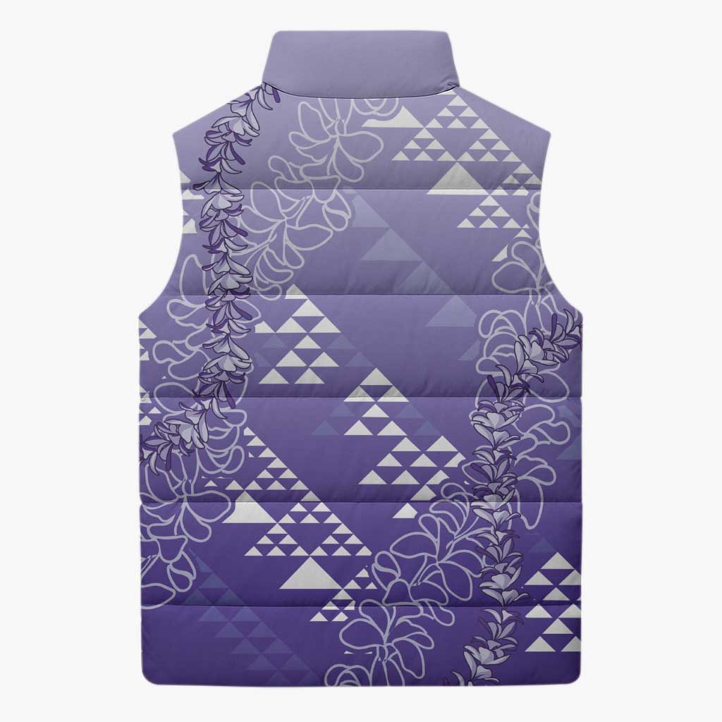 Hawaii Lavender Kapa Sleeveless Puffer Jacket Vintage 'Ohe Kāpala Motifs Mix Plumeria Leis