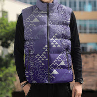 Hawaii Lavender Kapa Sleeveless Puffer Jacket Vintage 'Ohe Kāpala Motifs Mix Plumeria Leis