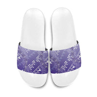 Hawaii Lavender Kapa Slide Sandals Vintage 'Ohe Kāpala Motifs Mix Plumeria Leis