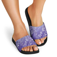 Hawaii Lavender Kapa Slide Sandals Vintage 'Ohe Kāpala Motifs Mix Plumeria Leis