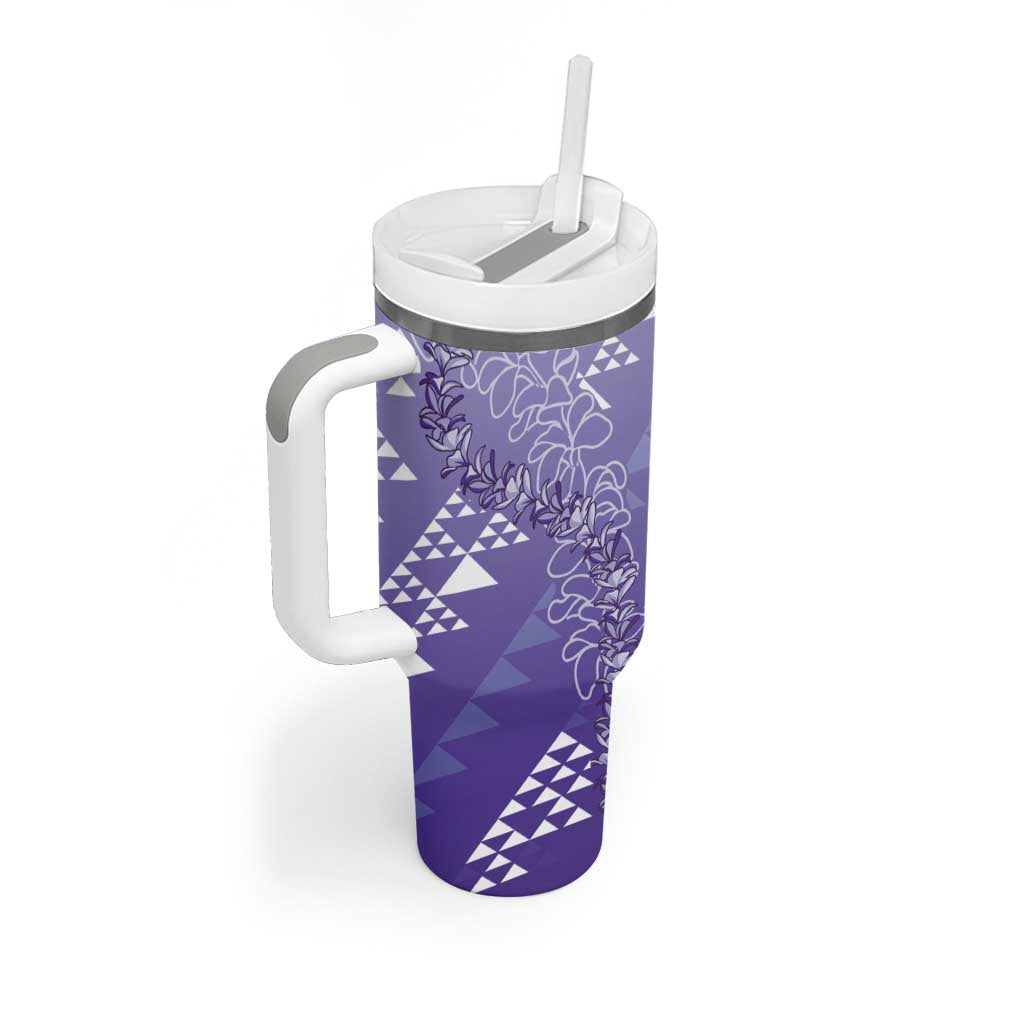 Hawaii Lavender Kapa Tumbler With Handle Vintage 'Ohe Kāpala Motifs Mix Plumeria Leis