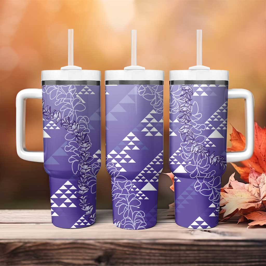 Hawaii Lavender Kapa Tumbler With Handle Vintage 'Ohe Kāpala Motifs Mix Plumeria Leis