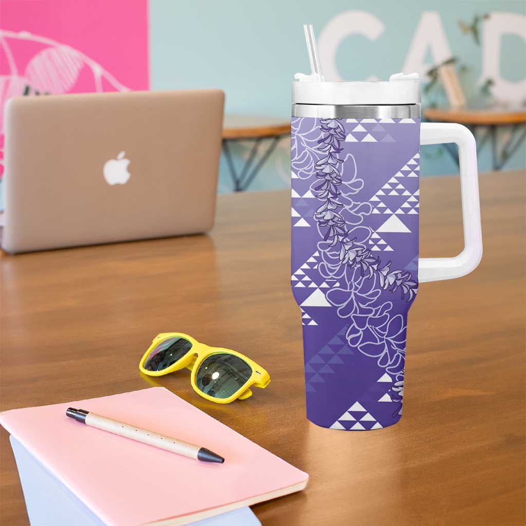 Hawaii Lavender Kapa Tumbler With Handle Vintage 'Ohe Kāpala Motifs Mix Plumeria Leis