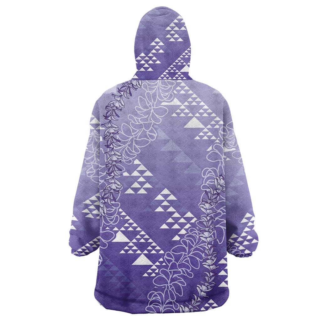 Hawaii Lavender Kapa Wearable Blanket Hoodie Vintage 'Ohe Kāpala Motifs Mix Plumeria Leis