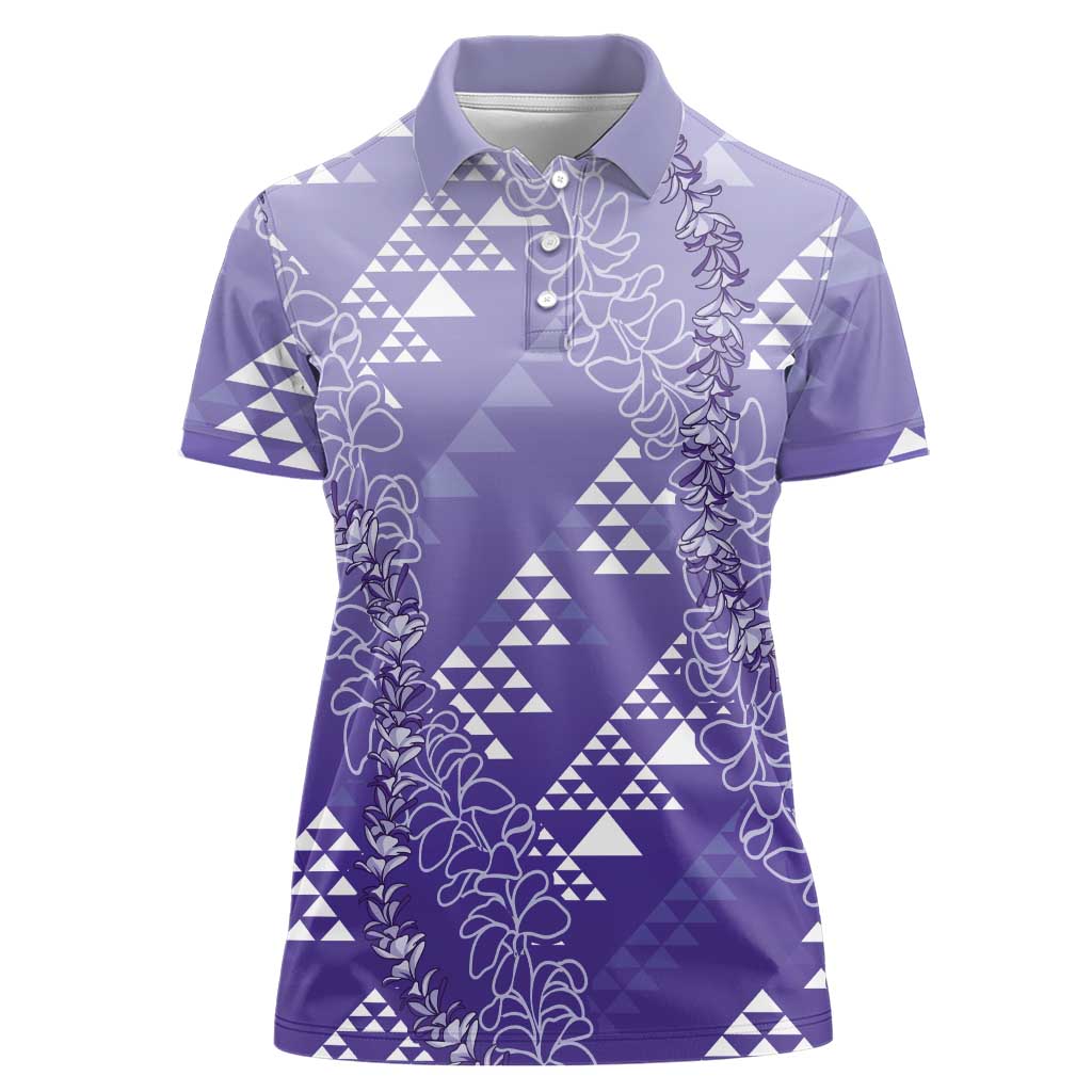 Hawaii Lavender Kapa Women Polo Shirt Vintage 'Ohe Kāpala Motifs Mix Plumeria Leis LT7 Female Lavender - Polynesian Pride