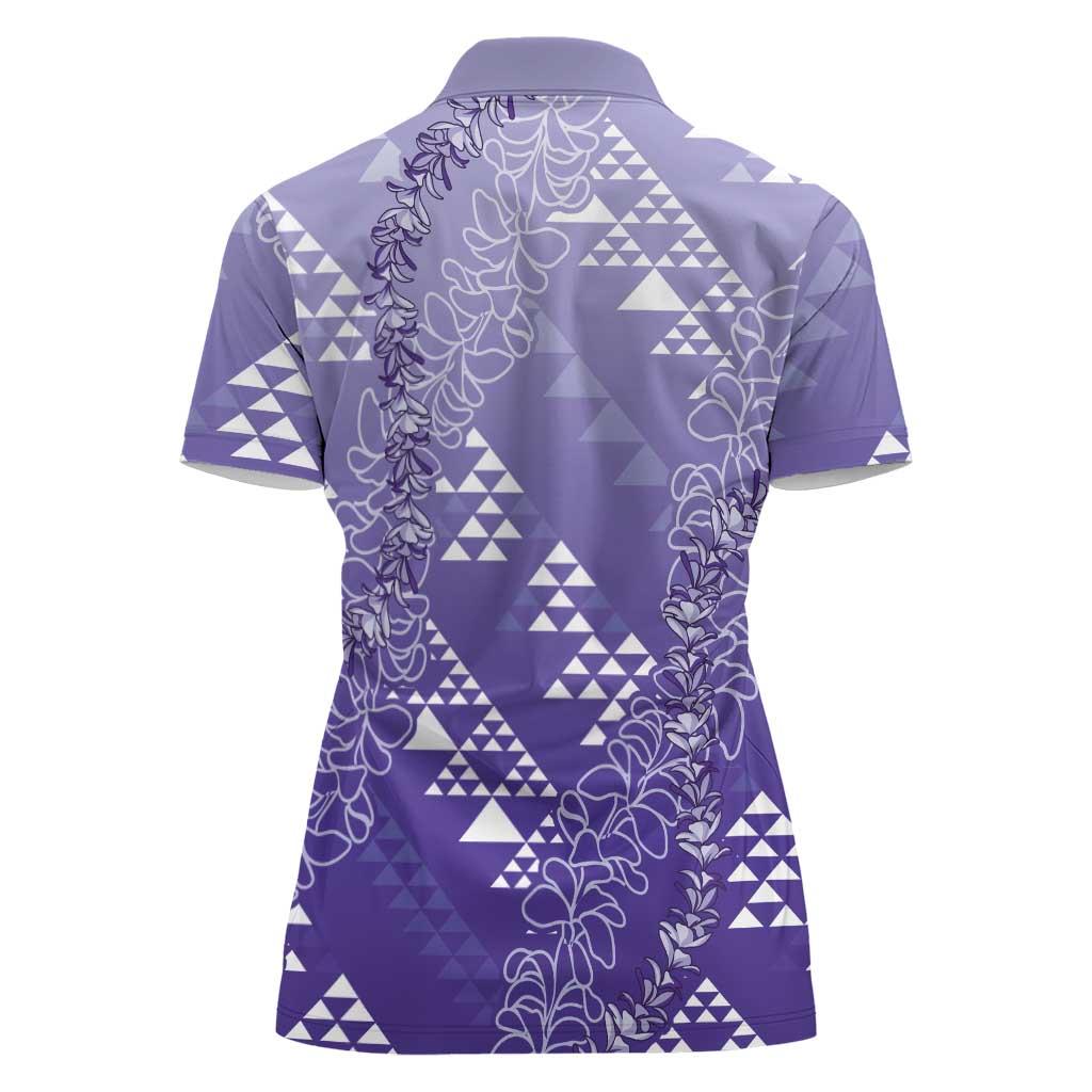 Hawaii Lavender Kapa Women Polo Shirt Vintage 'Ohe Kāpala Motifs Mix Plumeria Leis LT7 - Polynesian Pride