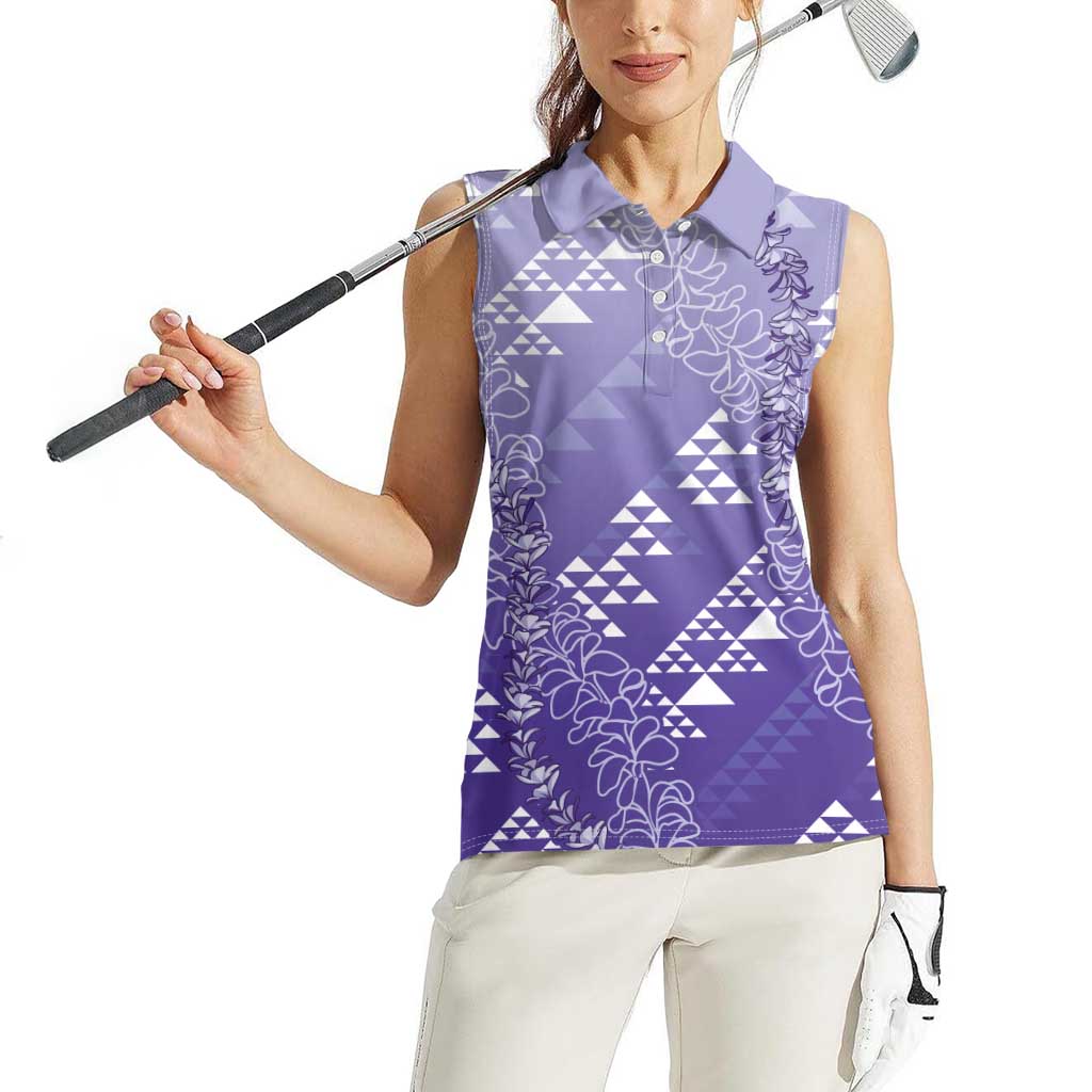 Hawaii Lavender Kapa Women Sleeveless Polo Shirt Vintage 'Ohe Kāpala Motifs Mix Plumeria Leis LT7 - Polynesian Pride