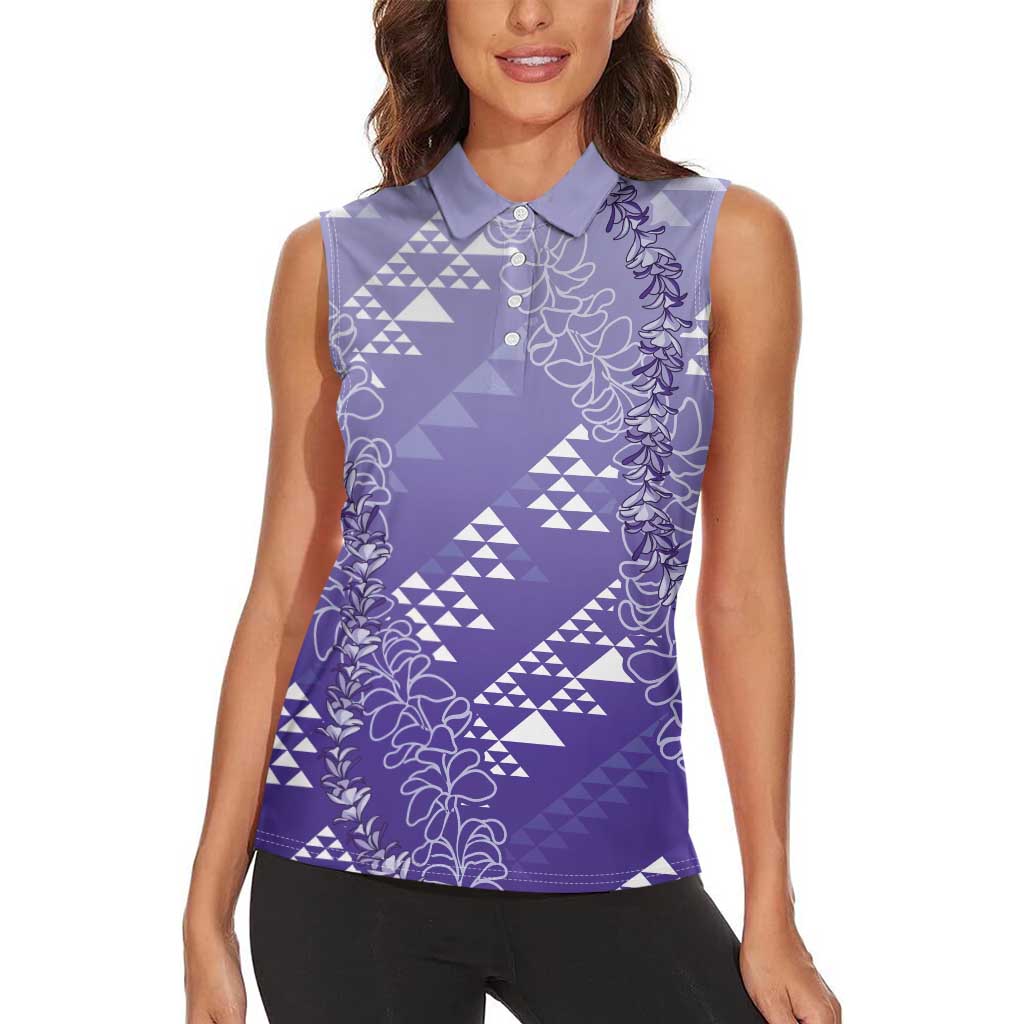 Hawaii Lavender Kapa Women Sleeveless Polo Shirt Vintage 'Ohe Kāpala Motifs Mix Plumeria Leis LT7 - Polynesian Pride