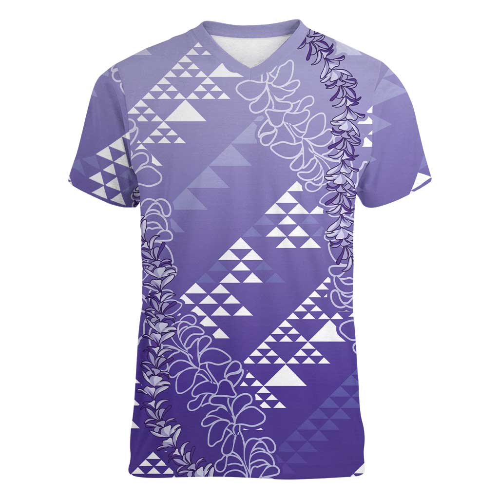 Hawaii Lavender Kapa Women V-Neck T-Shirt Vintage 'Ohe Kāpala Motifs Mix Plumeria Leis LT7 Female Lavender - Polynesian Pride