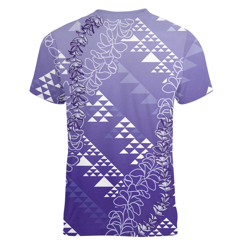 Hawaii Lavender Kapa Women V-Neck T-Shirt Vintage 'Ohe Kāpala Motifs Mix Plumeria Leis LT7 - Polynesian Pride