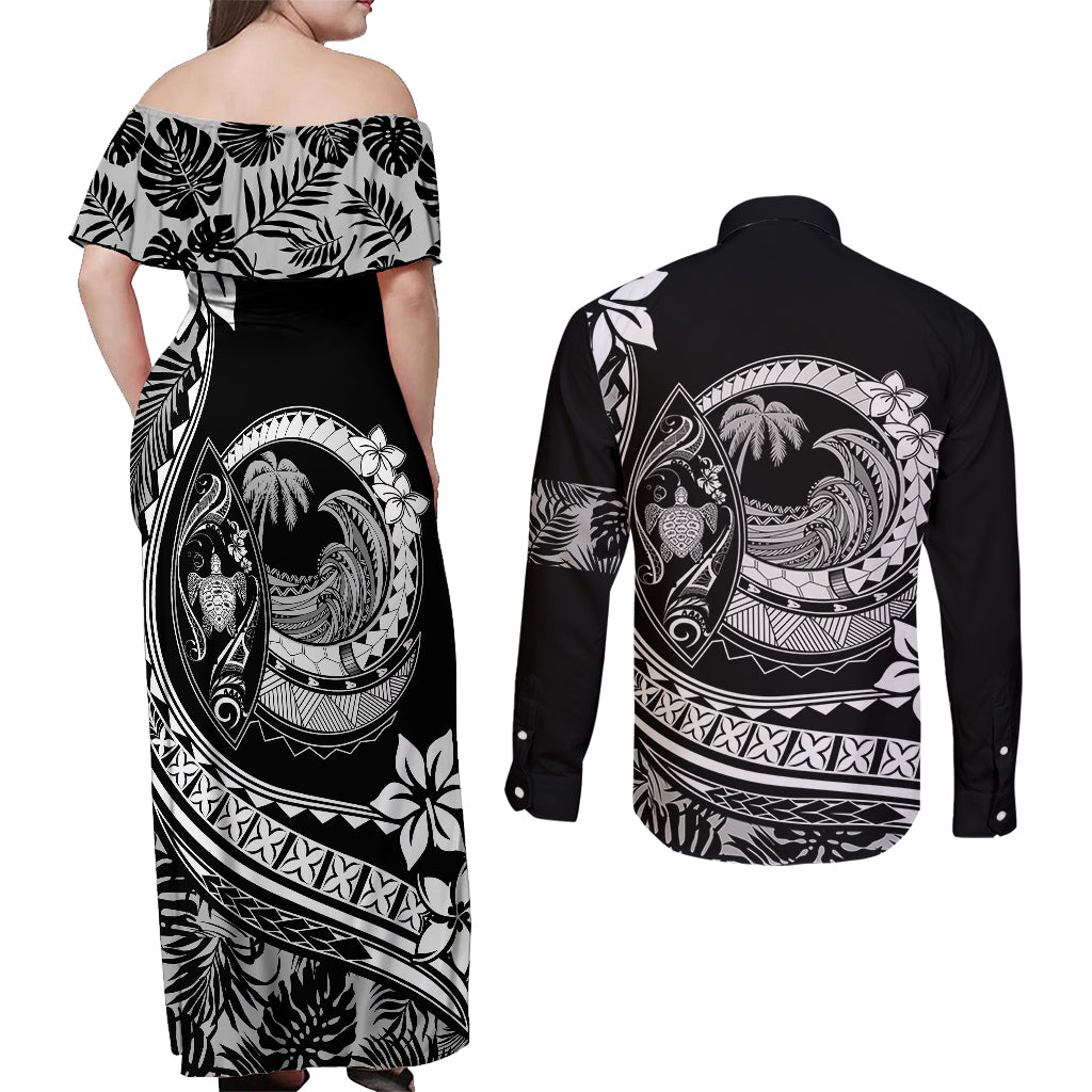 Polynesian Plumeria Couples Matching Off Shoulder Maxi Dress and Long Sleeve Button Shirts Ride The Waves - Black LT7 - Polynesian Pride