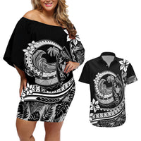 Polynesian Plumeria Couples Matching Off Shoulder Short Dress and Hawaiian Shirt Ride The Waves - Black LT7 Black - Polynesian Pride