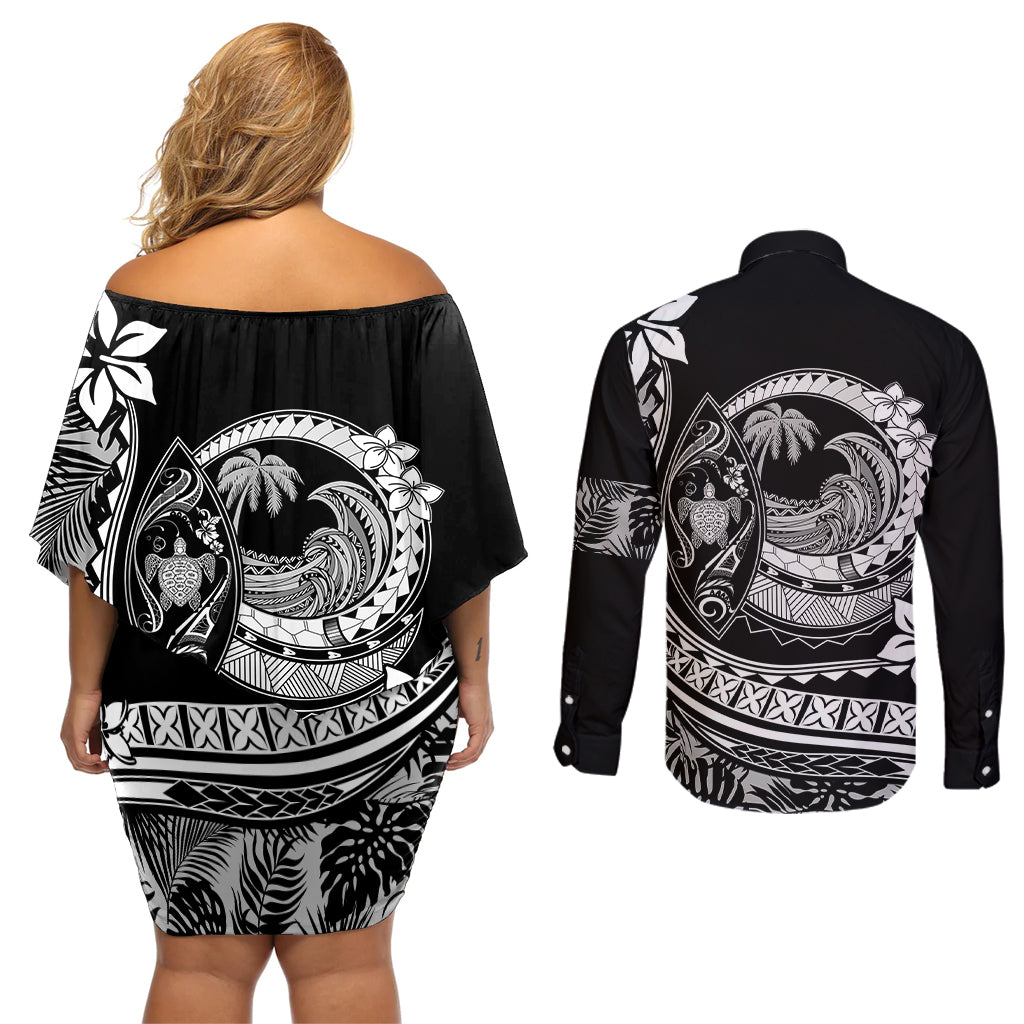 Polynesian Plumeria Couples Matching Off Shoulder Short Dress and Long Sleeve Button Shirts Ride The Waves - Black LT7 - Polynesian Pride