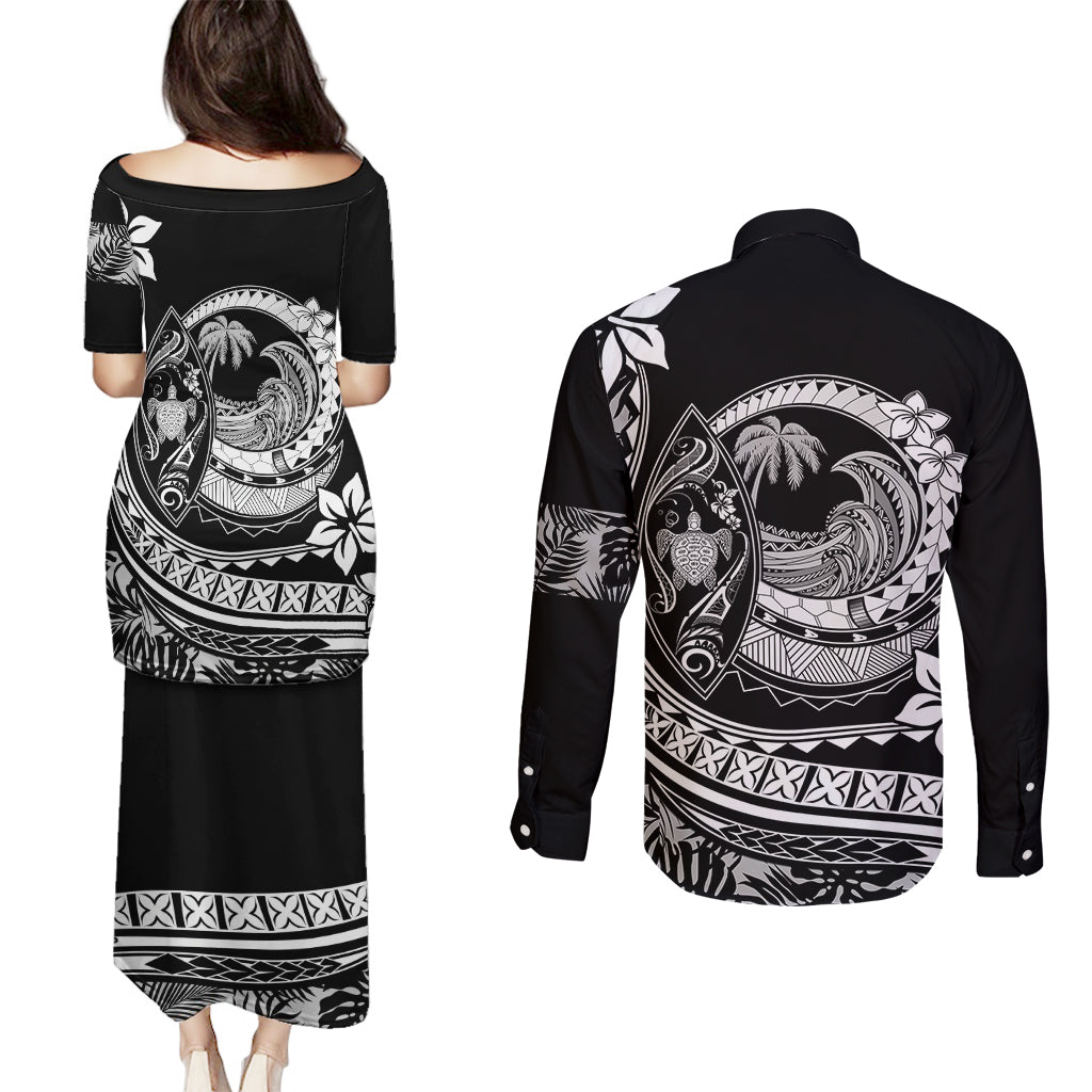 Polynesian Plumeria Couples Matching Puletasi Dress and Long Sleeve Button Shirts Ride The Waves - Black LT7 - Polynesian Pride