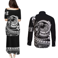Polynesian Plumeria Couples Matching Puletasi Dress and Long Sleeve Button Shirts Ride The Waves - Black LT7 - Polynesian Pride